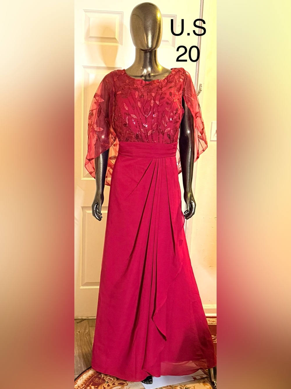 Fuchsia Embroidered Maxi Dress with Draped Waist